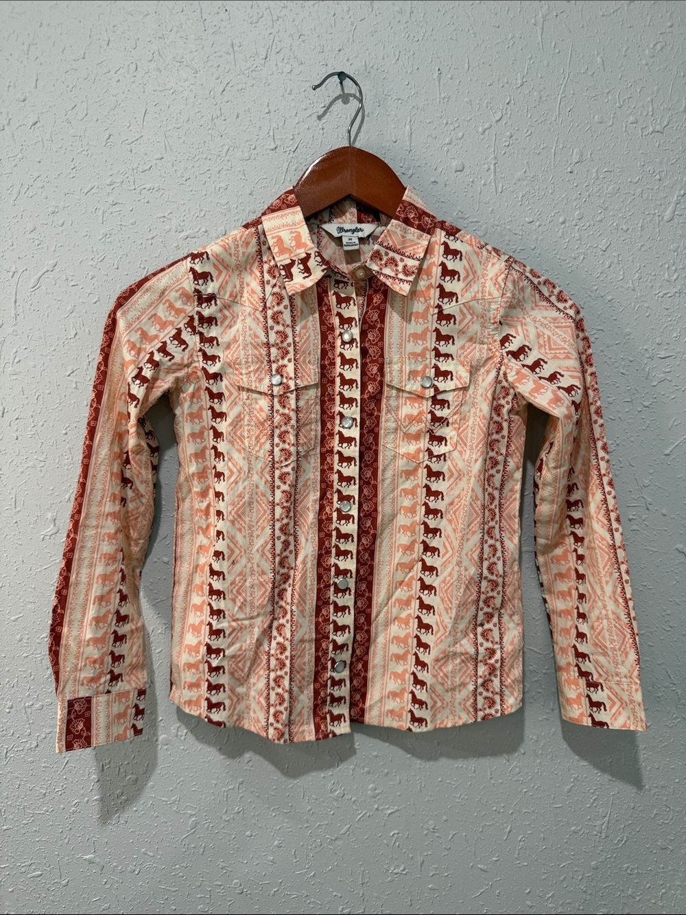 Wrangler Girls Horse Striped Print Long Sleeve Snap Western Shirt Size Medium